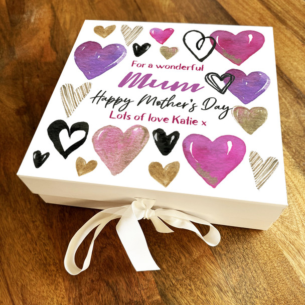 Mum Hearts Pink Purple Mother's Day Square Keepsake Memory Hamper Gift Box