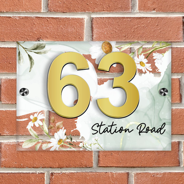 Green Marble Daisy Flowers 3D Acrylic House Address Sign Door Number Plaque