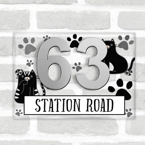 Black Cat Paw Print 3D Acrylic House Address Sign Door Number Plaque