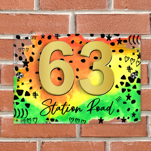 Yellow Green Orange Abstract Fun Acrylic House Address Sign Door Number Plaque