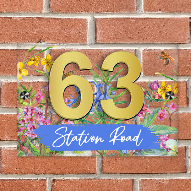 Bees & Meadow Flowers 3D Acrylic House Address Sign Door Number Plaque