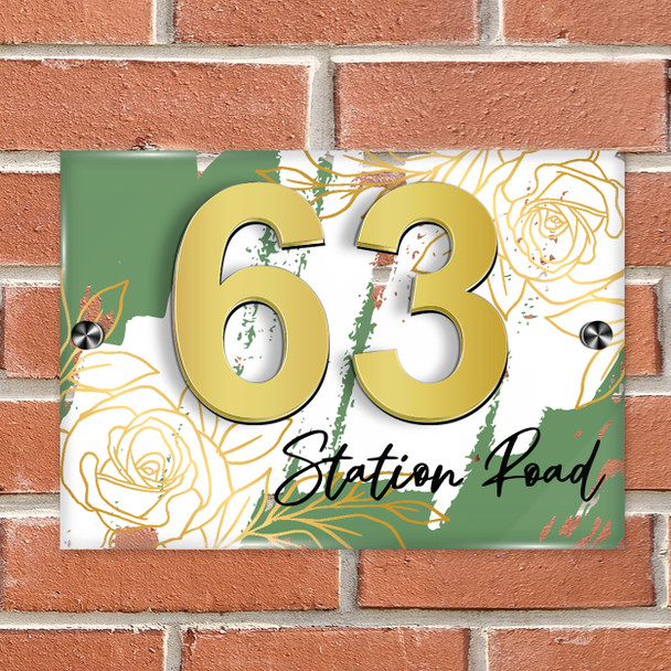 Pine Green Gold Rose 3D Acrylic House Address Sign Door Number Plaque