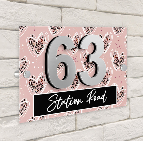 Dusky Pink Leopard Print Hearts 3D Acrylic House Address Sign Door Number Plaque