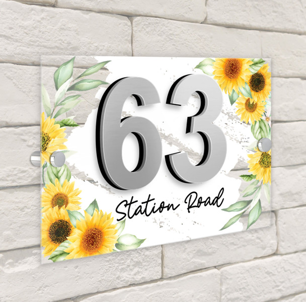 Sunflowers White Wash 3D Acrylic House Address Sign Door Number Plaque