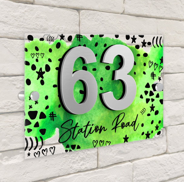 Bright Green Watercolour 3D Acrylic House Address Sign Door Number Plaque