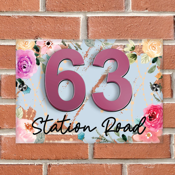 Blue Wash Bright Flowers 3D Acrylic House Address Sign Door Number Plaque