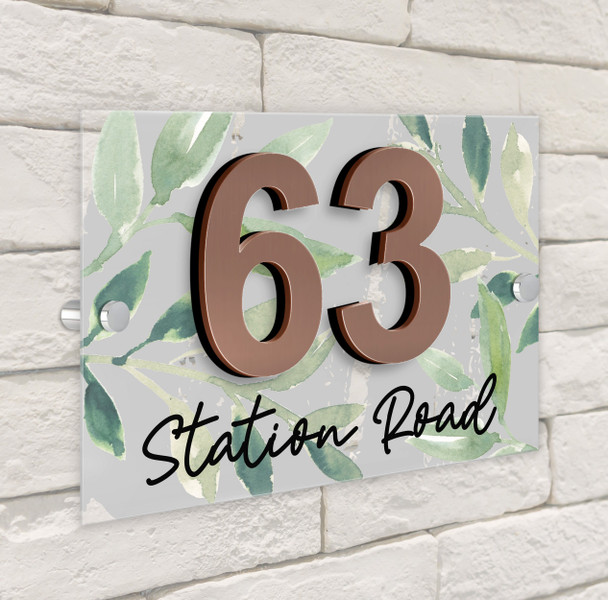 Grey Wash Leaves 3D Acrylic House Address Sign Door Number Plaque