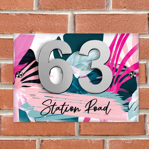 Bright Blue Pink Abstract Leaves Acrylic House Address Sign Door Number Plaque