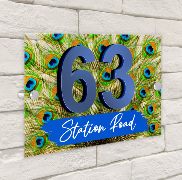 Peacock Bird Feathers Spread 3D Acrylic House Address Sign Door Number Plaque