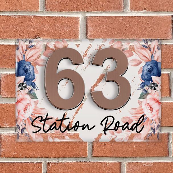 Chic Pink Blue Flowers 3D Acrylic House Address Sign Door Number Plaque