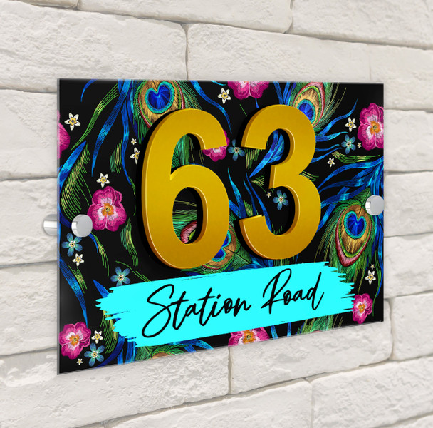 Black Peacock Feathers 3D Acrylic House Address Sign Door Number Plaque