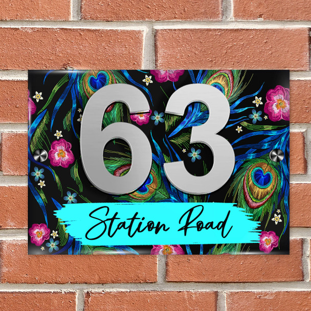 Black Peacock Feathers 3D Acrylic House Address Sign Door Number Plaque