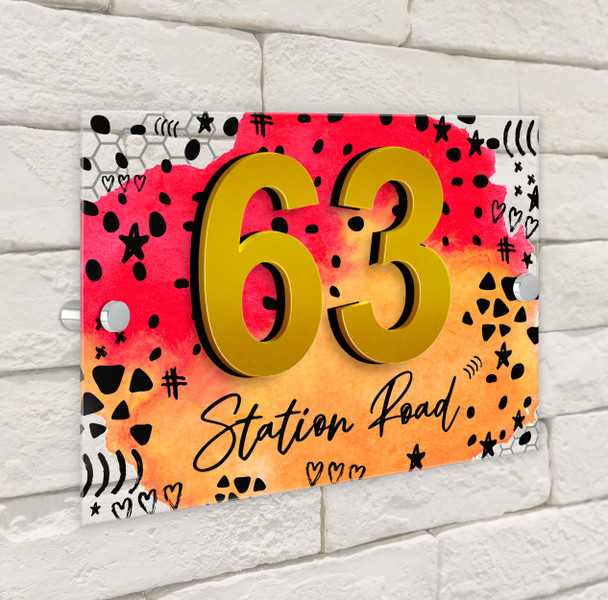 Watercolour Red Orange Abstract 3D Acrylic House Address Sign Door Number Plaque