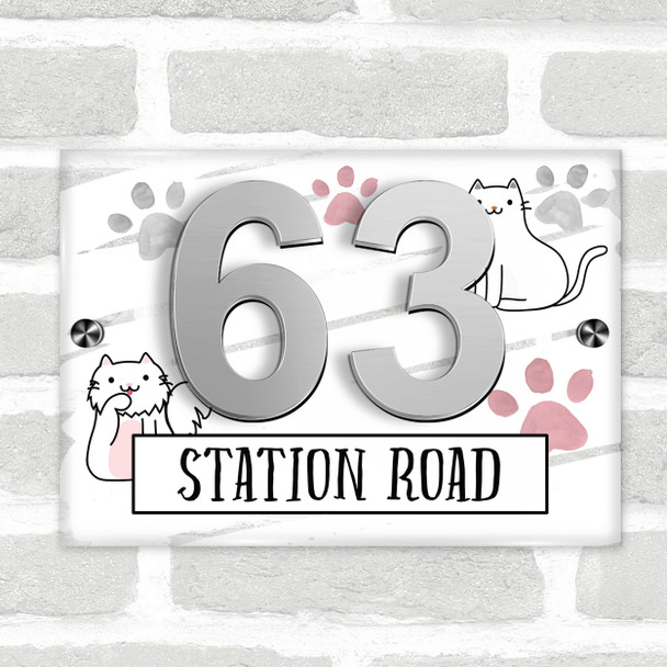 White Cat Paw Print 3D Acrylic House Address Sign Door Number Plaque