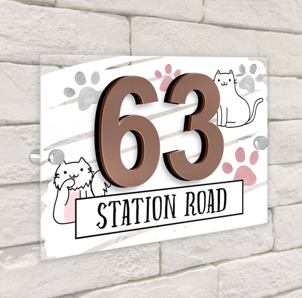 White Cat Paw Print 3D Acrylic House Address Sign Door Number Plaque