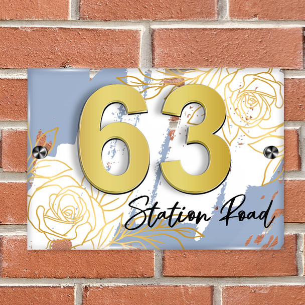 Dusky Blue Gold Rose 3D Acrylic House Address Sign Door Number Plaque