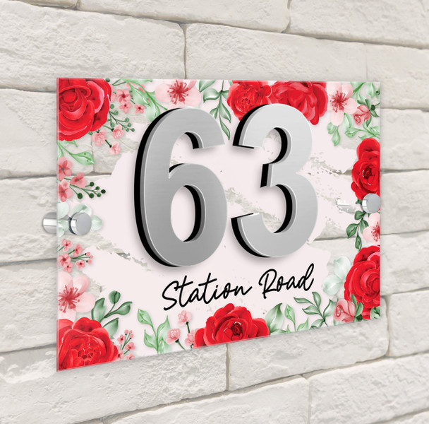 Red Roses 3D Acrylic House Address Sign Door Number Plaque