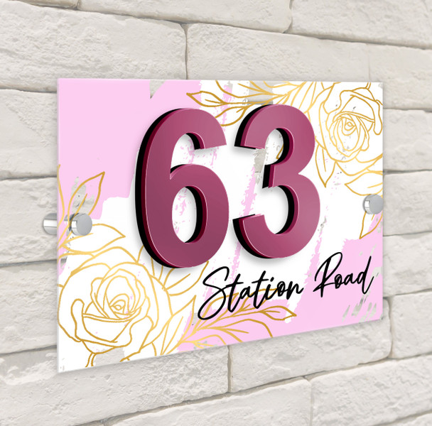 Baby Pink Gold Rose 3D Acrylic House Address Sign Door Number Plaque Baby Pink Gold Rose 3D Acrylic House Address Sign Door Number Plaque