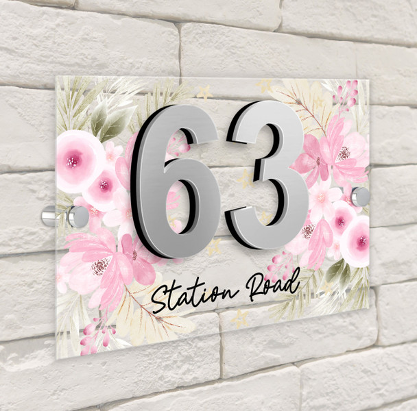 Pink Flowers & Stars 3D Acrylic House Address Sign Door Number Plaque