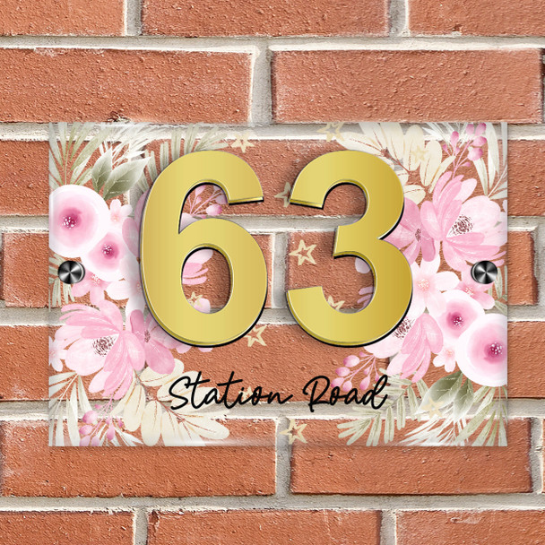 Pink Flowers & Stars 3D Acrylic House Address Sign Door Number Plaque