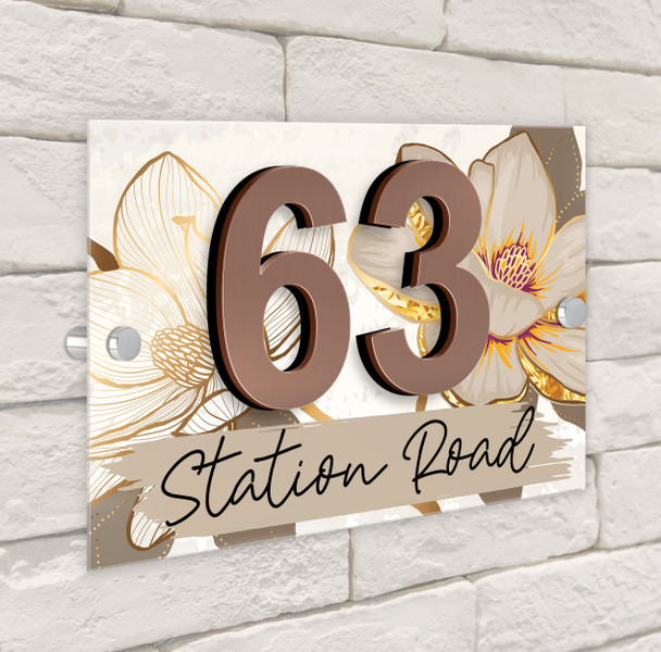 Taupe Brown Gold Floral 3D Acrylic House Address Sign Door Number Plaque