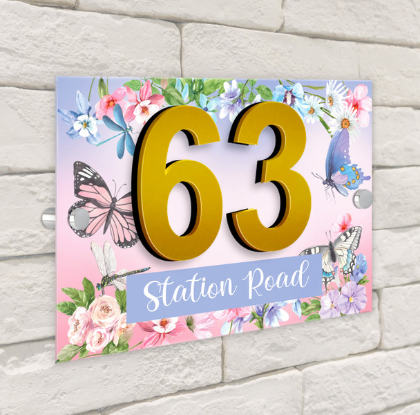 Purple Dragonfly Flowers Floral 3D Acrylic House Address Sign Door Number Plaque