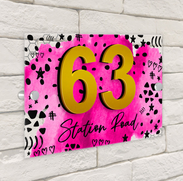 Bright Pink Watercolour  3D Acrylic House Address Sign Door Number Plaque