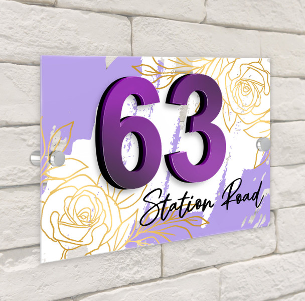 Lavender Gold Rose 3D Acrylic House Address Sign Door Number Plaque