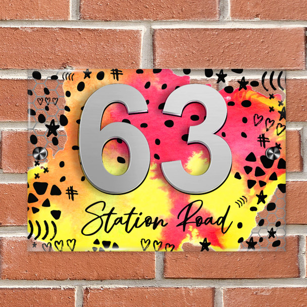 Bright Pink Yellow Abstract Fun 3D Acrylic House Address Sign Door Number Plaque