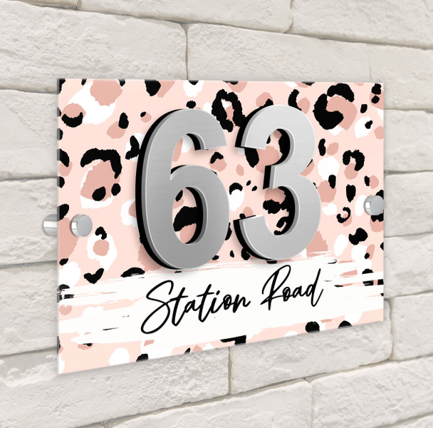 Pink Leopard Print Animal 3D Acrylic House Address Sign Door Number Plaque