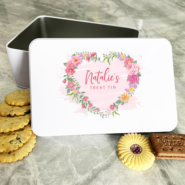 Personalised Watercolour Pink Yellow Floral Heart Biscuit Sweets Cake Treat Tin