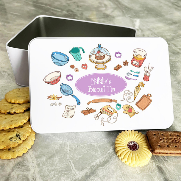 Personalised Baking Tools Cute Icons Purple Cake Treat Sweets Biscuit Tin
