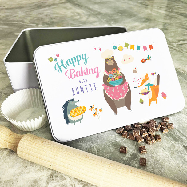 Personalised Happy Baking With Auntie Bear Animals Biscuit Sweets Cake Tin
