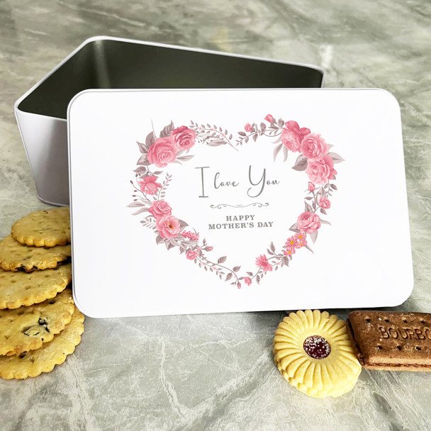 Personalised Pink Roses I Love You Mother's Day Biscuit Sweets Cake Treat Tin