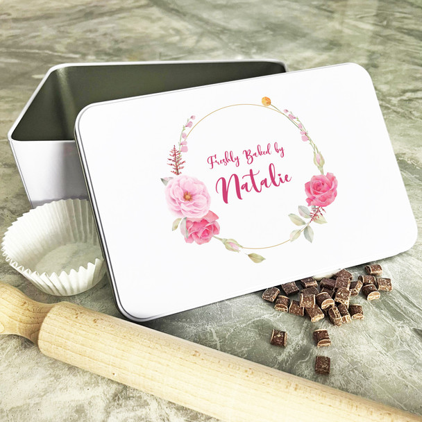 Personalised Roses Wreath Freshly Baked By Biscuit Baking Treats Sweets Cake Tin