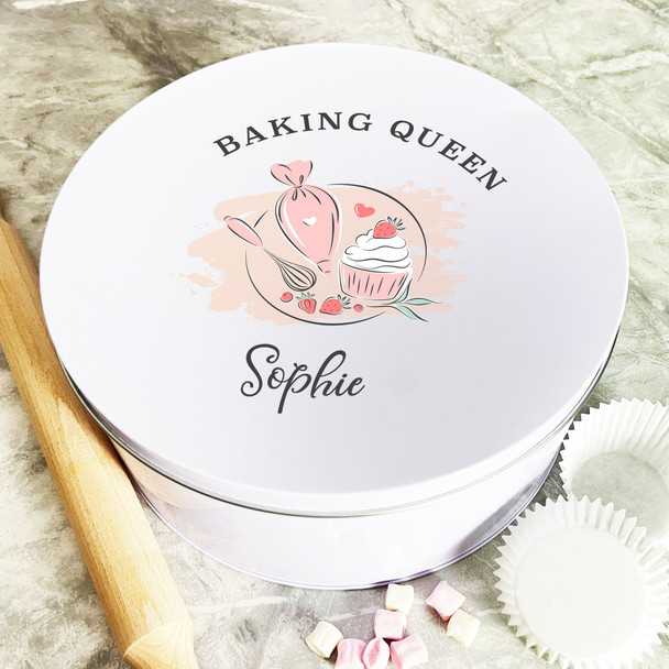Personalised Round Peach Baking Queen Biscuit Treats Cake Tin