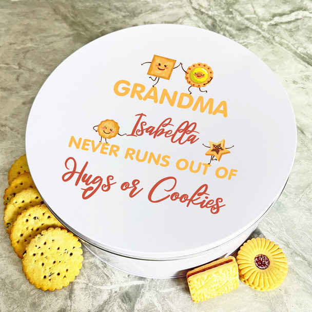 Personalised Round Funny Cookies Grandma Hugs Cake Treat Sweets Biscuit Tin