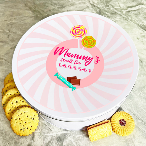 Personalised Round Lollipops Chocolate Mummys Biscuit Sweets Cake Treat Tin