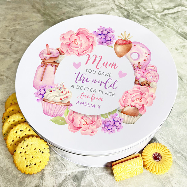Personalised Round Mum Bake The World A Better Place Pink Treat Wreath Cake Tin