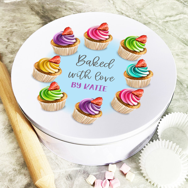 Personalised Round Baked With Love Cup Bright Biscuit Treats Cake Tin