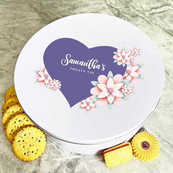 Personalised Round Pink Floral Purple Heart Biscuit Sweets Cake Treat Tin