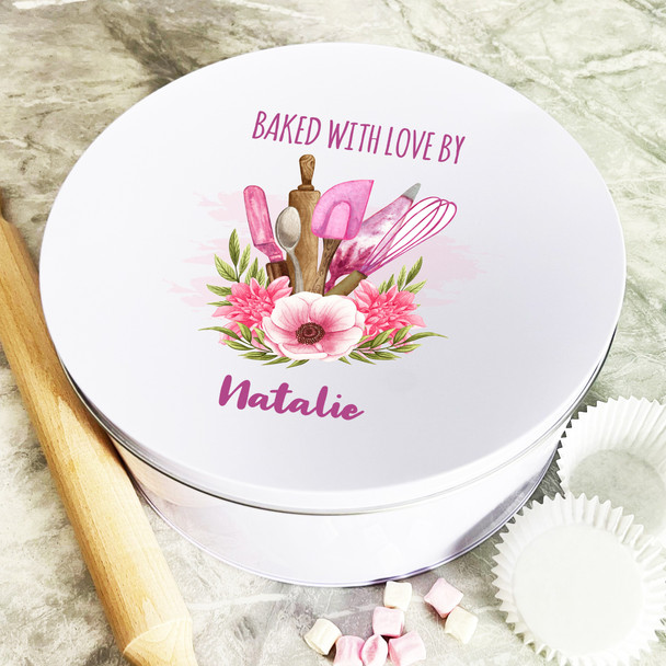 Personalised Round Pink Floral Baked With Love Biscuit Treats Sweets Cake Tin