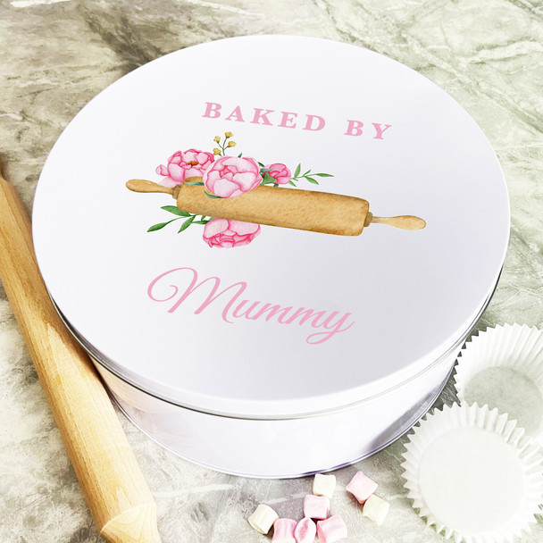 Personalised Round Peonies Baked By Mummy Biscuit Baking Treats Sweets Cake Tin