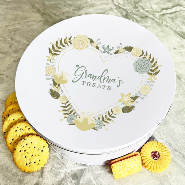 Personalised Round Sage Floral Heart Grandmas Biscuit Sweets Cake Treat Tin