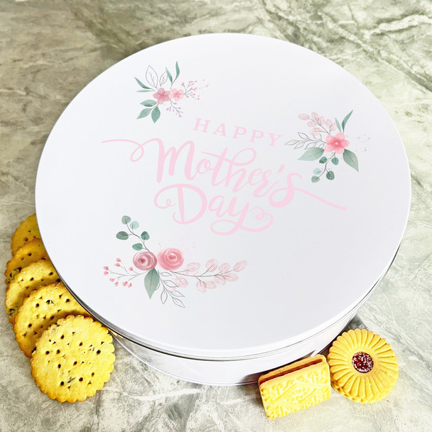 Personalised Round Flowers Mothers Day Biscuit Sweets Cake Treat Tin