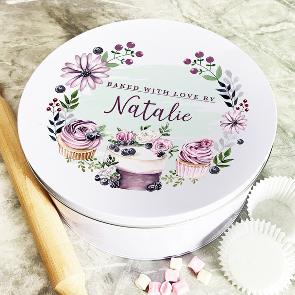 Personalised Round Wreath Berries Baked With Love Biscuit Baking Treats Cake Tin