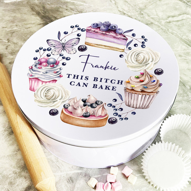 Personalised Round Wreath Bitch Can Bake Biscuit Baking Treats Sweets Cake Tin