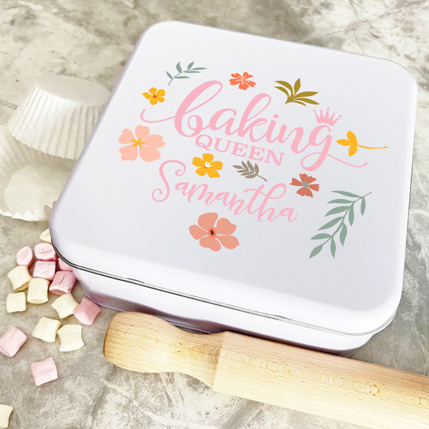 Personalised Square Baking Queen Flowers Peach Biscuit Baking Sweets Cake Tin
