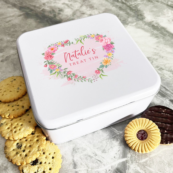 Personalised Square Splash Floral Heart Wreath Biscuit Sweets Cake Treat Tin
