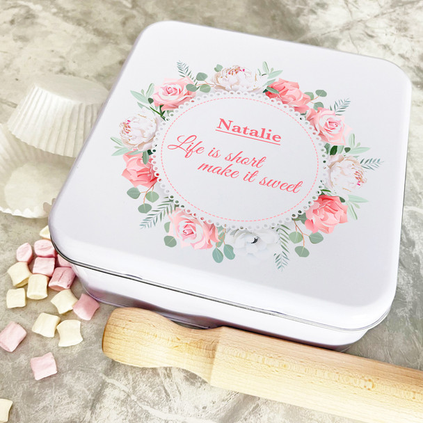 Personalised Square White Peony Roses Make It Sweet Biscuit Baking Cake Tin